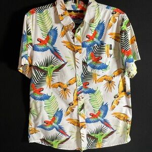 ESC Ehpyre Surplus Co Hawaiian shirt with vibrant macaws, medium,
